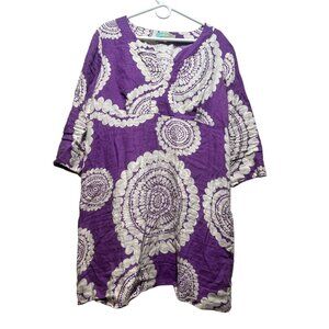 Boden 100% linen Floral Tunic Long Dress Womens 16 Purple Vacation Resortwear